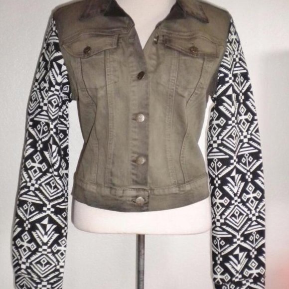 JESSICA SIMPSON MS SZ LARGE DARK OLIVE JACQUARD PRINT SLEEVES PIXIE DENIM JACKET - Picture 2 of 8